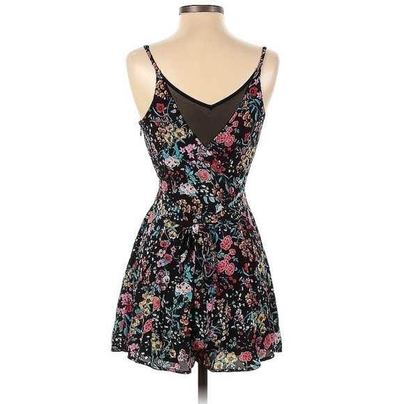 Express 0 Black Bright Multi Color Floral Print Wrap Belted Romper Mesh Cutout - Picture 2 of 7